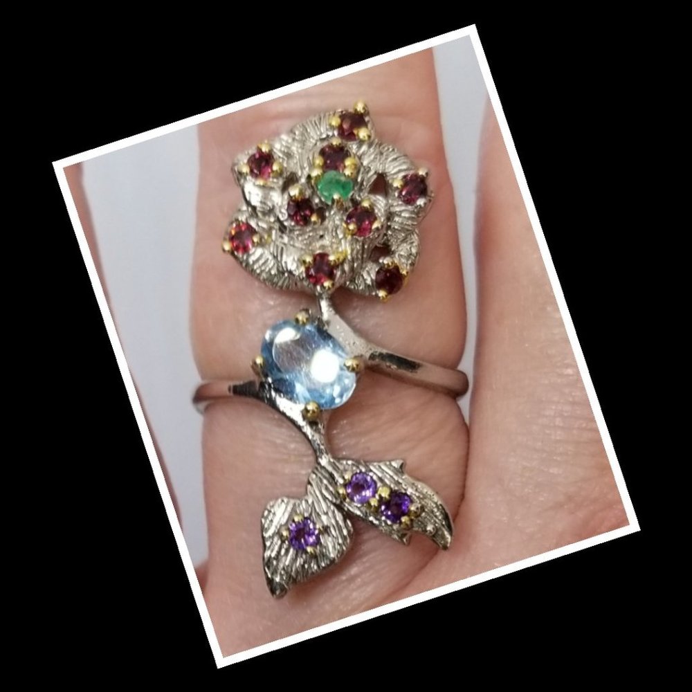 Topaz, garnet amethyst & emerald ring